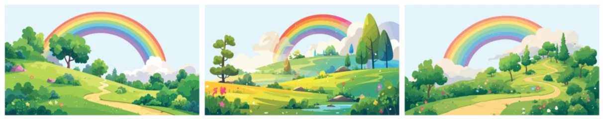 Fotobehang Regenboog rainbow background cartoon. summer meadow after rain landscape set, clouds green trees path childhood fairy tale vector illustration  © ssstocker