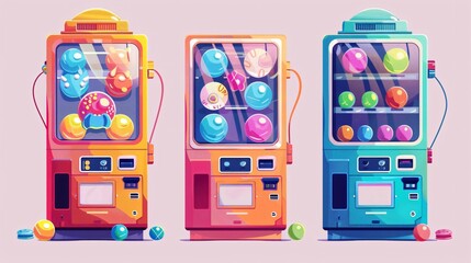 Colorful Gachapon Capsule Machines Dispensing Bubblegum Toys in Plastic Containers