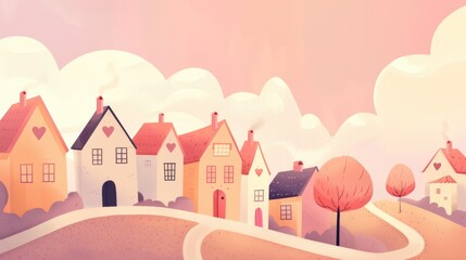 Cozy village houses with decorations in warm sunset colors, romantic countryside landscape illustration