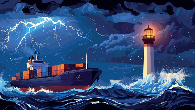 ship storm cartoon. sea transport caught in storm near lighthouse background, sailor profession job business thunderstorm weather ocean waves lightning light danger elements threat delivery transport