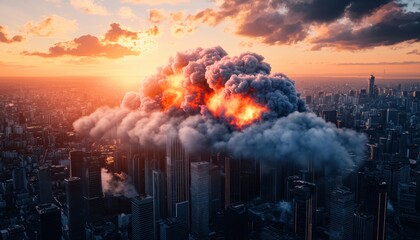 Obraz premium A 3D visualization of carbon emissions as glowing particles rising from cars and factories, forming a dense smog cloud over a city