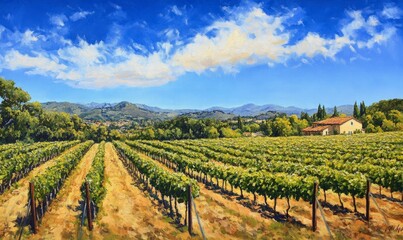 Lush vineyard under bright blue sky in countryside landscape