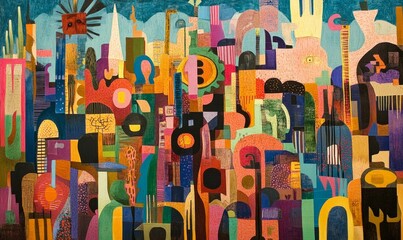 image captures vibrant cityscape with abstract forms representing overpopulation, evoking sense of urgency and reflection