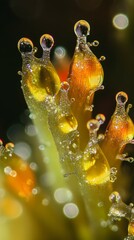 Macro shot capturing the sparkling dew drops on the tips of green grass in the early morning.