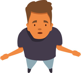 High angle view of a confused young man looking upwards with arms outstretched, conveying uncertainty or seeking assistance