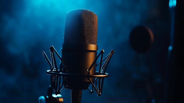 A professional studio microphone is positioned against a dark blue background, effectively capturing voice with an audio waveform, making it ideal for recording studios.