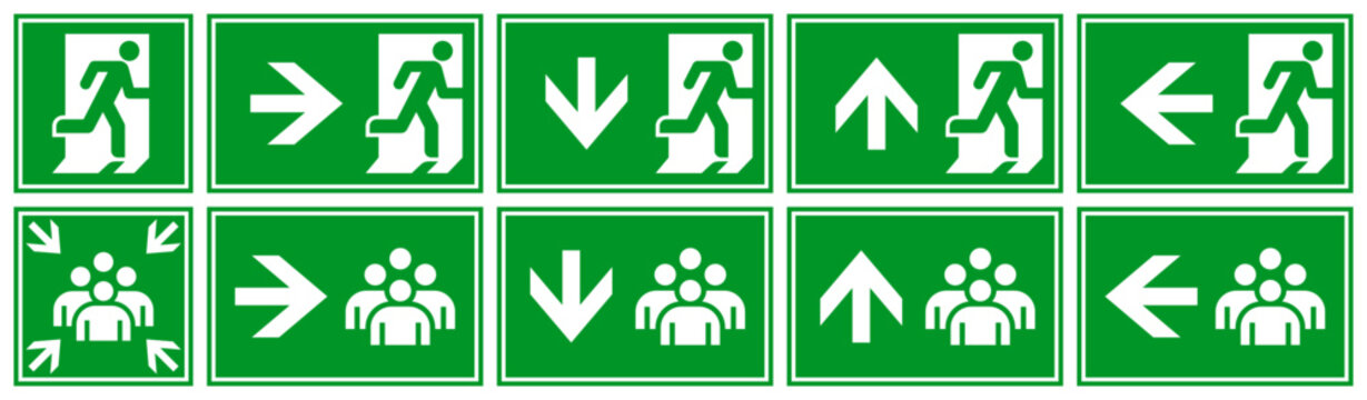 Evacuation plan sign set. Emergency exit and assembly point icons. Escape help evacuation icons.