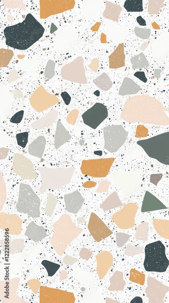 Poster An intricate terrazzo pattern showcases a blend of soft hues and organic shapes, inviting viewers into a world of modern artistry and design. Subtle contrasts enhance its visual impact