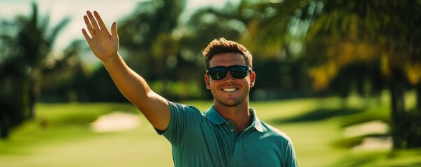 Male golfer in sunglasses waving on the golf course during a round of 18 holes