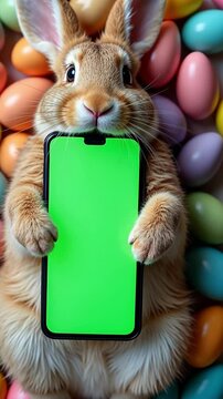 Easter bunny portrait holding chroma key phone in paws with eggs, phone with green screen. vertical mock up for advertising, Rabbit using showing smartphone, online shopping, care, pet goods