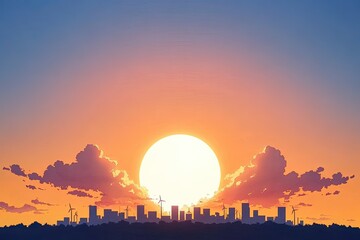 Fototapeta premium Vibrant sunset over a city skyline with wind turbines and clouds in the background