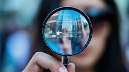 Fototapeta premium Magnifying Glass Shows Cityscape Reflection