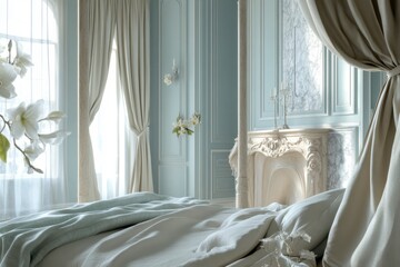 Elegant and Serene Bedroom with Soft Blue Colors and Natural Light
