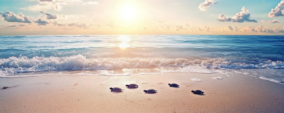 Many baby turtles on the sandy beach and crawl to the ocean.