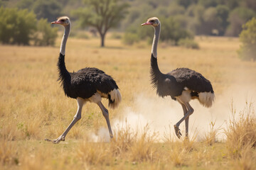 Fototapeta premium Ostriches running across golden savanna at midday