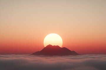 Majestic sunrise over a serene mountain peak surrounded by soft clouds, evoking tranquility