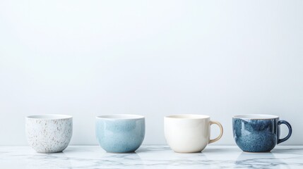 Four mugs of different colors and shapes sit on a marble countertop.