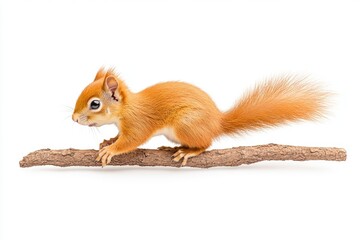 A vibrant orange squirrel gracefully balancing on a twig against a clean white background