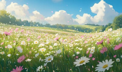 Fototapeta premium Meadow with lots of white and pink spring daisy flowers