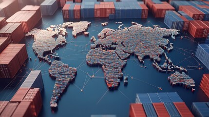 Naklejka premium Shipping containers, interconnected world map, 3D illustration.
