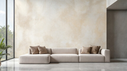 A minimalist interior with microcement floors and walls connects with nature through large windows.