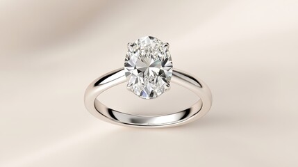 Oval Diamond Solitaire Ring: A stunning oval-cut diamond takes center stage in this elegant solitaire ring, its brilliance captured in exquisite detail on a soft, neutral background.