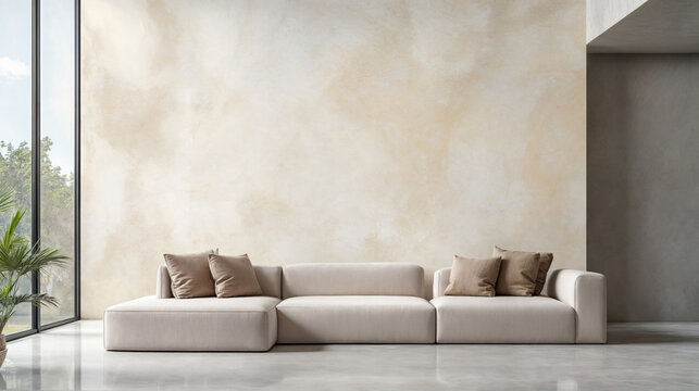 A minimalist interior with microcement floors and walls connects with nature through large windows.