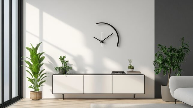 A modern living room with a white wall, black clock, and white furniture.