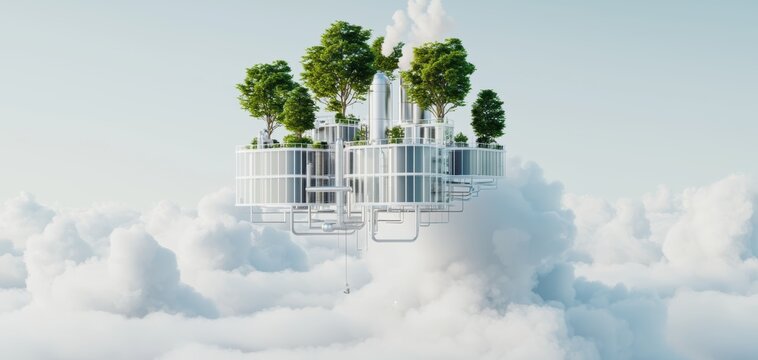 A futuristic concept of cities in 3D, built above toxic clouds of PM 2.5, with high-tech air purifiers and floating structures