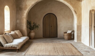 Minimalist Interior Design with Arched Doorways, Natural Textures, and Neutral Colors