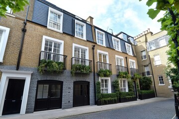Naklejka premium Elegant brick townhouses showcasing modern architecture in a serene London street, adorned with lush greenery incorporating charm and style