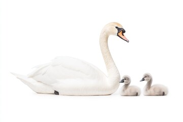 Elegant swan with two fluffy cygnets resting together on a bright white background, showcasing family bonds