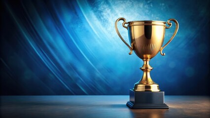 Gold trophy on blue background with intricate details and textures, award ceremony