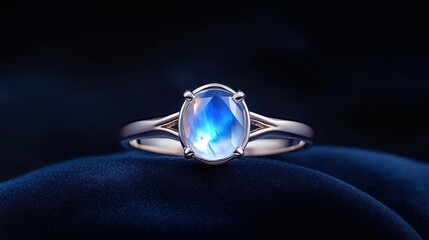 Moonstone Ring: A captivating oval moonstone ring with a shimmering blue and white color, delicately set in a platinum band and showcased against a luxurious blue velvet backdrop.