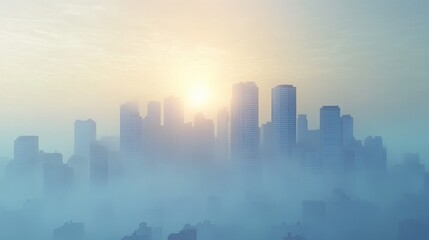 Fototapeta premium Urban skyline shrouded in smog, hazy atmosphere, 3D illustration. 