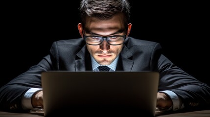 Man in suit works late on laptop computer