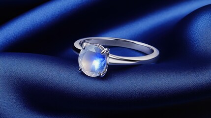 Rainbow Moonstone Ring on Silk: An elegant silver ring featuring a captivating cabochon-cut rainbow moonstone rests on luxurious blue silk.