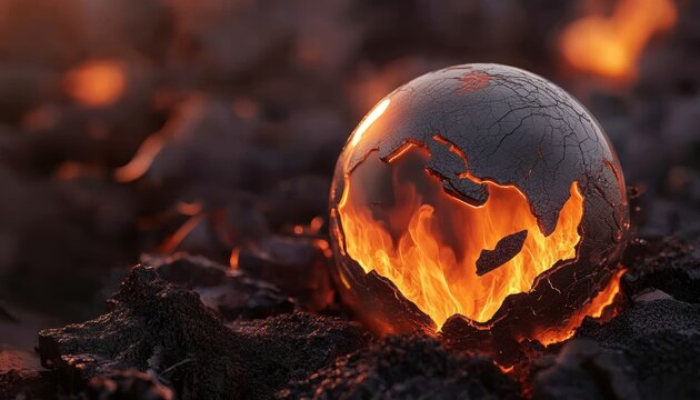 A glowing globe with cracked surfaces and rising heat waves, emphasizing global warming in an abstract 3D design