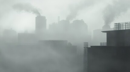 Urban skyline shrouded in smog, hazy atmosphere, 3D illustration. 