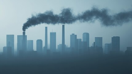 Fototapeta premium Urban skyline shrouded in smog, hazy atmosphere, 3D illustration. 