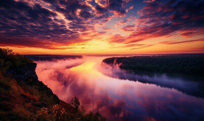 Fototapeta premium Mist rises above river at sunset in breathtaking landscape