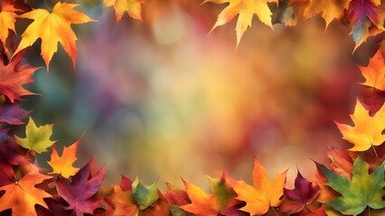 Vibrant autumn maple leaves create a frame around a blurred fall-colored background, perfect for seasonal designs.