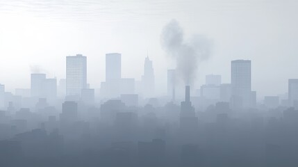 Naklejka premium Urban skyline shrouded in smog, hazy atmosphere, 3D illustration. 