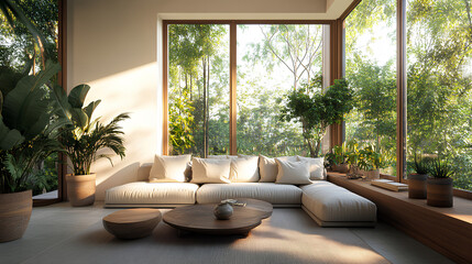 Modern Minimalist Living Room with Neutral Sofa, Lush Plants, and Floor-to-Ceiling Windows