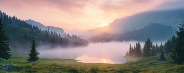 Fototapeta premium Misty morning scene of Lacu Rosu lake. Foggy summer sunrise in Harghita County, Romania, Europe. Beauty of nature concept background.