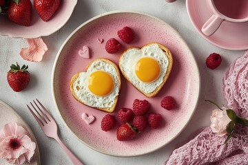 Heart-shaped fried eggs, toasted bread, fresh strawberries and raspberries, Valentine's breakfast, pastel pink tableware, top-down view
