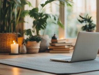 Lying on a yoga mat invites calmness as warm candlelight flickers in a serene living room filled with vibrant greenery and stacked books, perfect for mindfulness practice