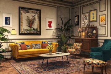 Fototapeta premium Cozy Living Room with Vibrant Decor and Elegant Furniture Design