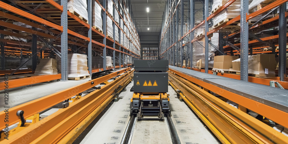 Poster automated cart moving through warehouse storage area