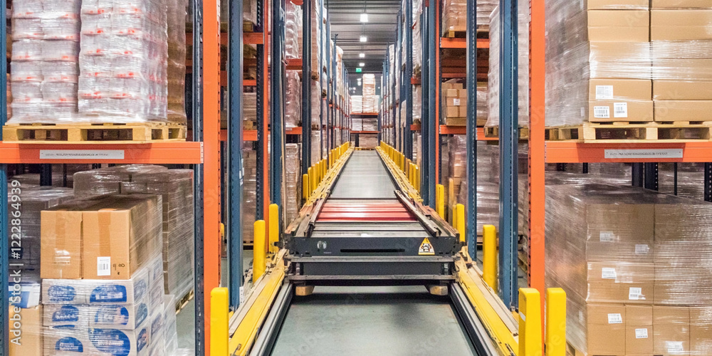 Aufkleber Warehouse aisle with automated conveyor system in operation